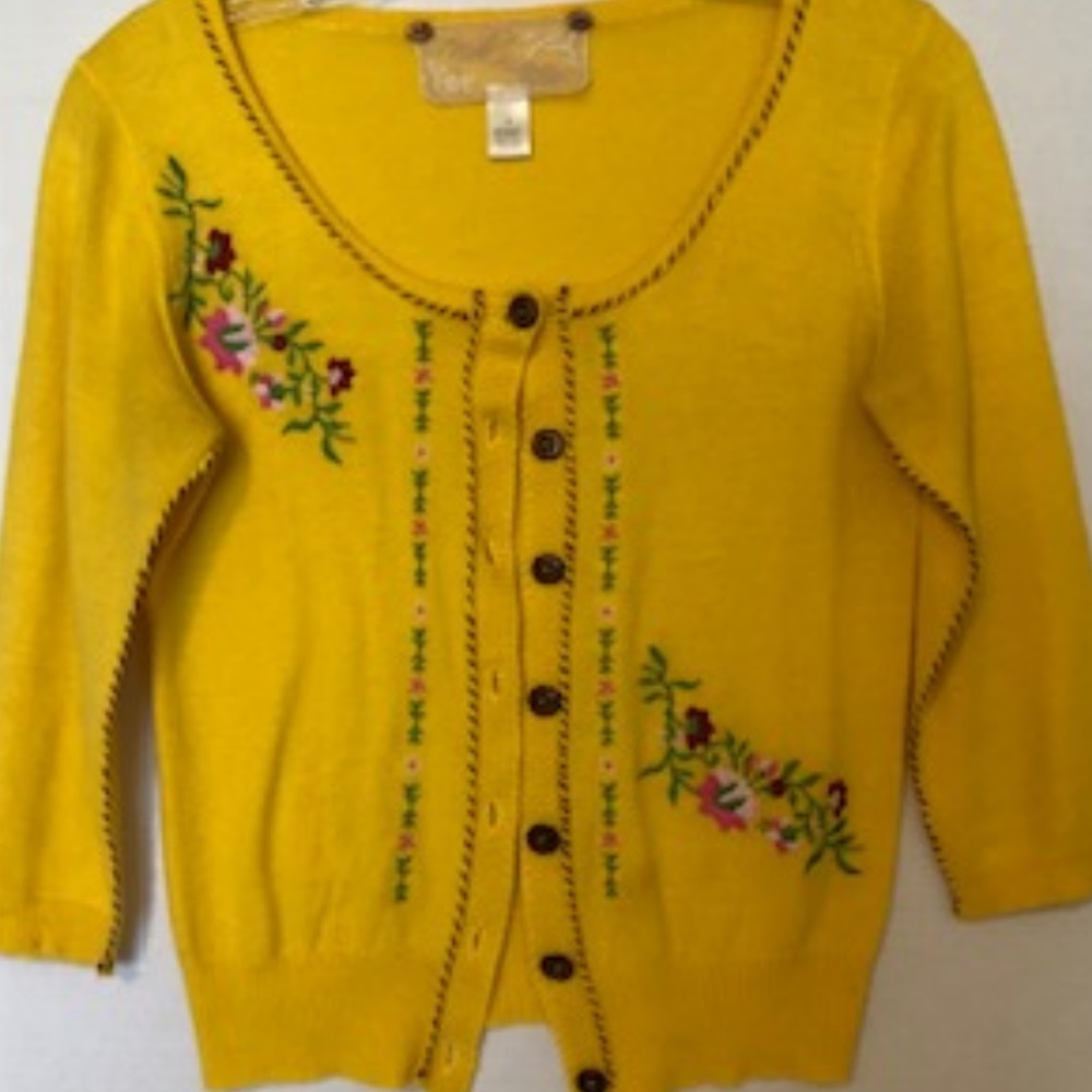 Anthropologie Yellow Floral Embroidered Cardigan